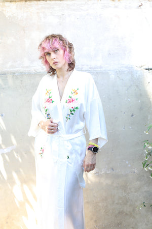 Vintage Hand-Embroidered Rayon White Long Kimono
