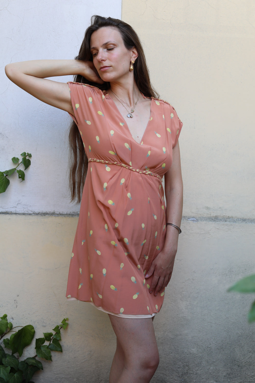 Lazzari Deep V Neck Silk Pineapple Print Dress